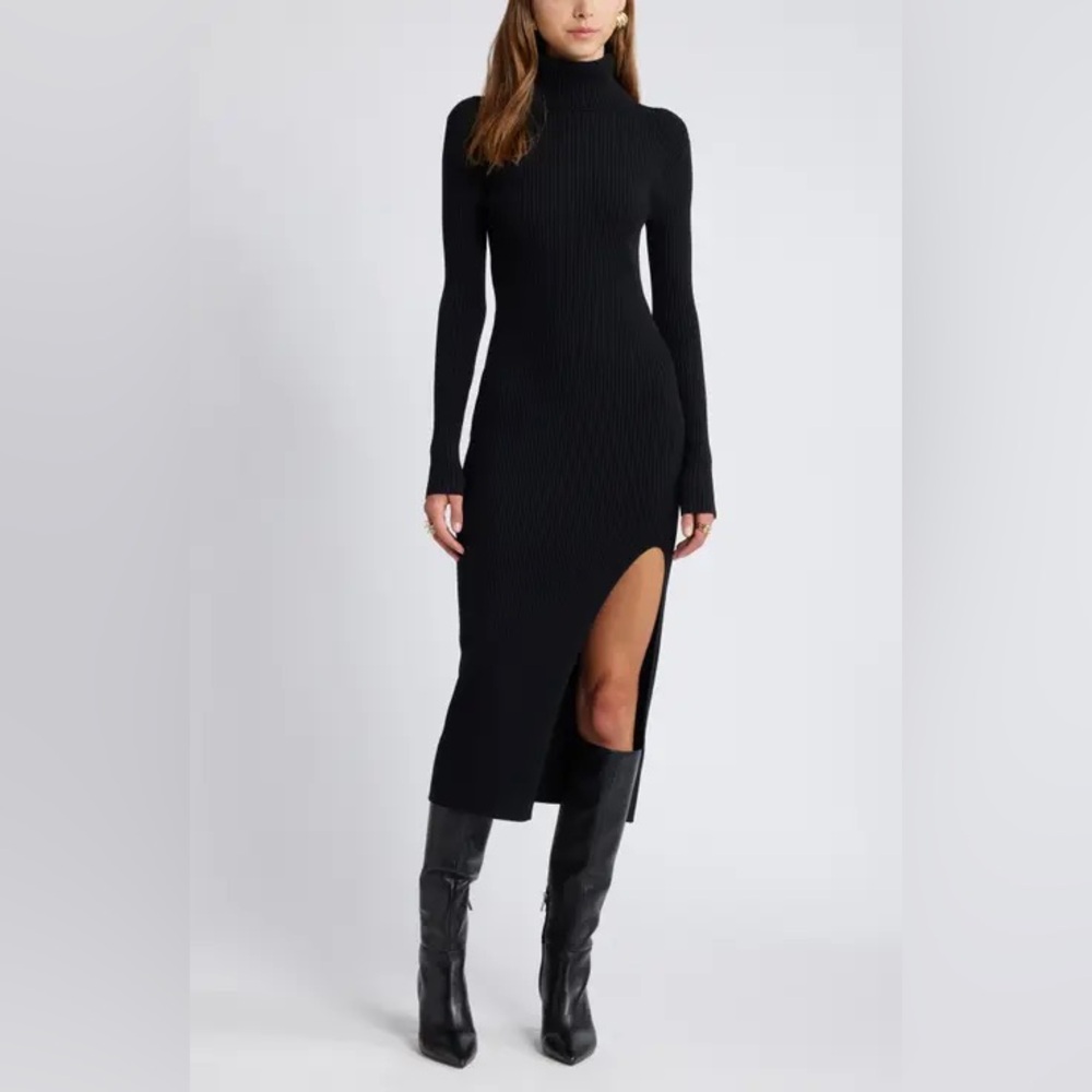 Caslon Black Long-Sleeve Turtleneck Ribbed Midi Dress with Side Slit